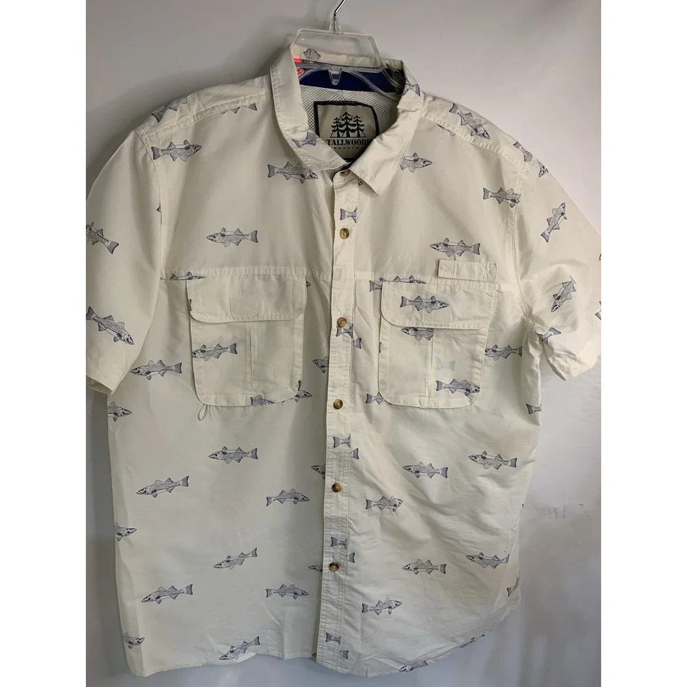 TallWoods Hawaiian Shirt Cotton Blend Men's SS Beach Size 2XL Button Fish Vented
